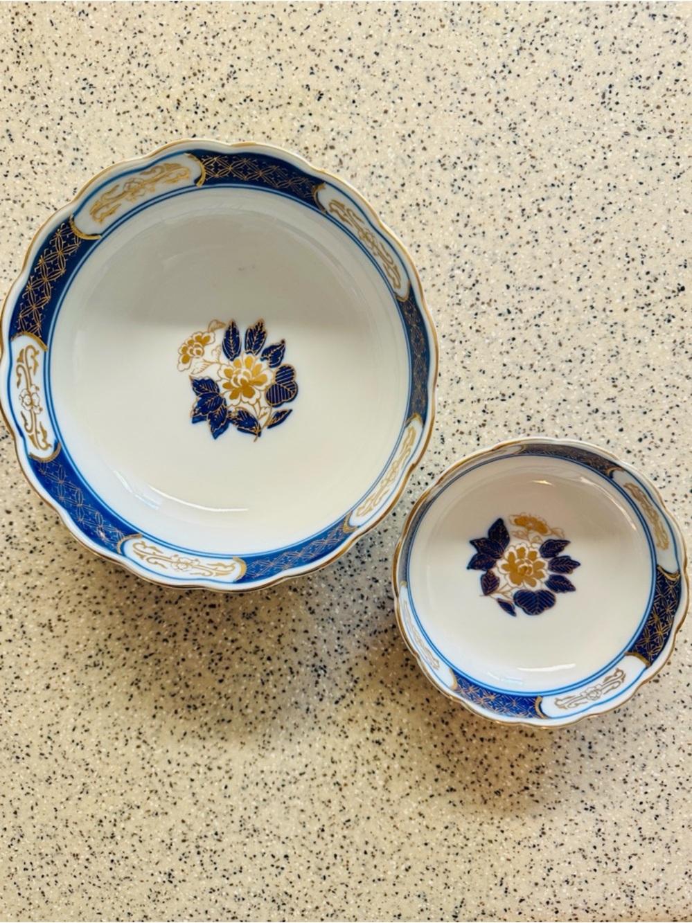 2PC. Vtg.Japanese Hand Painted Imari Porcelain Bowl Set.Blue Red + Genuine Gold